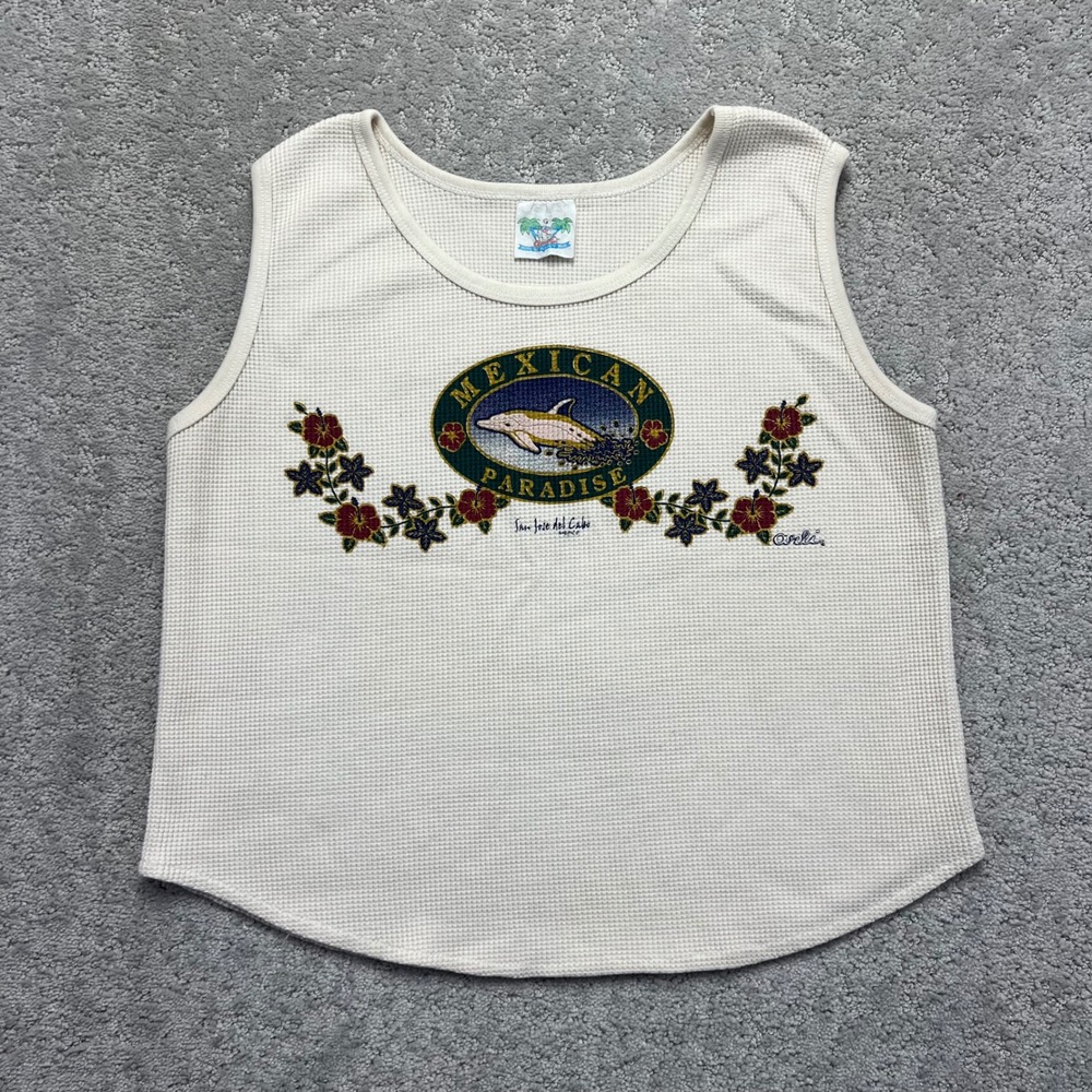 VINTAGE Mexican Paradise Tank Top Womens Large Cream Waffle Knit Souvenir Travel